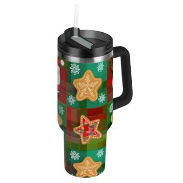 Imagem de Copos quadrados de patchwork de Natal vermelho verde com tampas e cores de canudo copo com alça garrafas de água de 1,134 g caneca de café quente isolada de aço inoxidável para carro