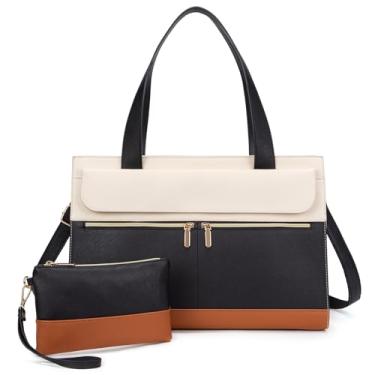 Imagem de Bolsa para laptop feminina de 15,6 polegadas, bolsa de mão profissional, bolsa de couro ecológica para professores, bolsa de trabalho para negócios (preto-branco-marrom)