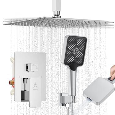 Imagem de JQBQS Sistema de chuveiro com efeito de chuva Montagem no teto Conjunto moderno de torneiras de banheiro de 12 IN em latão Pulverizador de mão de alta pressão Válvula e kit (12 pol., Cromo Polido)