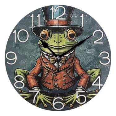 Imagem de GAIGEO Relógio de parede analógico decorativo relógio de cozinha rústico redondo sem tique-taque silencioso, sala de estar, decoração de parede moderna, arte de sapo, animal engraçado, 25 cm