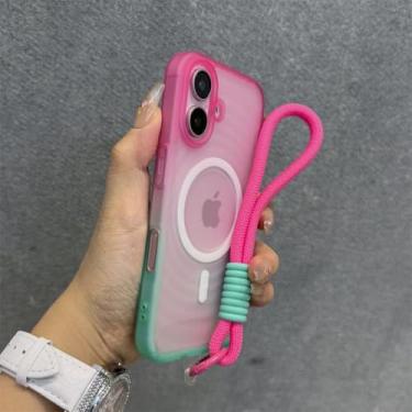 Imagem de Capa com alça de pulso magnética gradiente com efeito ondulação d'água para iPhone 12, 13, 14, 15, 16 Pro Max, fosca, translúcida e à prova de choque, rosa-avermelhada, para iPhone 14 Pro
