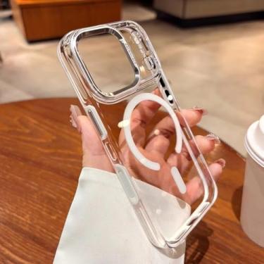 Imagem de SFDSUH Capa transparente magnética para carregamento sem fio do iPhone 16 Pro com anel de lente de metal e capa rígida de acrílico (para iPhone 16 Pro/Branca)