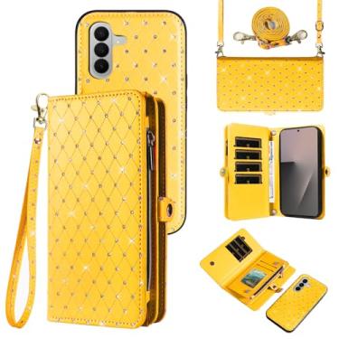 Imagem de Asuwish Capa de celular para Samsung Galaxy Z Fold 7 com zíper destacável carteira celular com alça transversal brilhante flip porta-cartões ZFold Z7 G Fold7 7Z mulheres homens meninas amarelo