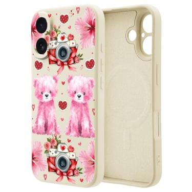 Imagem de OFQKOAKS Capa para iPhone 16 Pro compatível com MagSafe, capa protetora feminina romântica com urso para câmera retrô dos namorados, silicone líquido branco macio para mulheres e meninas