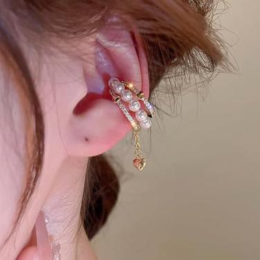 Imagem de 1 peça de brincos elegantes em forma de coração de pérola falsa incrustados com zircão, brincos modernos de latão banhados a ouro para uso diário feminino