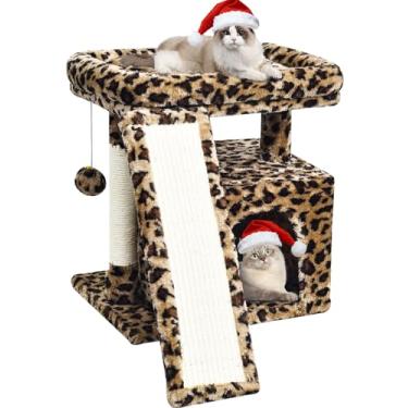 Imagem de Pequena árvore de gato com estampa de leopardo para gatos em ambientes internos | Torre curta com poste para arranhar, almofada de rampa, condomínio com cama de poleiro, casa de brincar para gatinhos