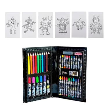 Imagem de Estojo de Arte com 48 Peças, Preto, Inclui Lápis de Cor, Canetas, Giz de Cera e Desenhos, 29x24cm, para Crianças 4+