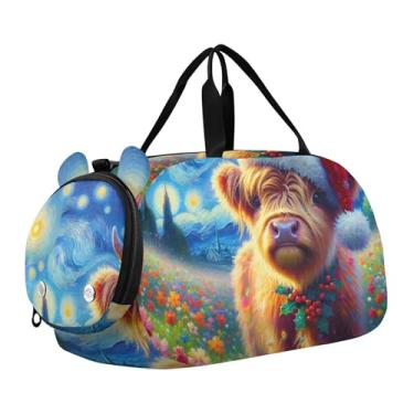 Imagem de Bolsa esportiva de inverno para meninos Cardeais Floresta durante a noite Bolsa esportiva para meninas, bolsa de viagem para crianças, Lindas flores de Natal Highland, Clássico