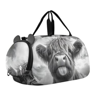 Imagem de Bolsa esportiva para meninos elegante roxo e branco com buquê de íris durante a noite, bolsa de viagem para meninas, bolsa esportiva, Língua monocromática de vaca Highland, Clássico