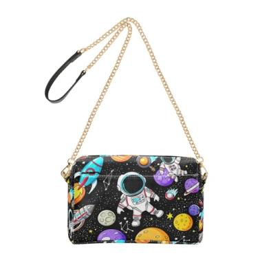 Imagem de Joitme Bolsa tiracolo feminina para celular astronautas planeta foguete estrela corrente alça de couro PU bolsa de ombro