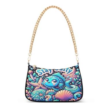 Imagem de Bolsa de ombro de corrente fofa com desenho de peixe azul oceano, bolsa feminina, bolsa clutch Hobo para uso diário e festa