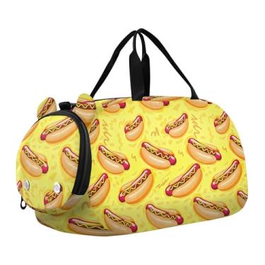 Imagem de Bolsa esportiva para meninos e meninas, floral, verde, laranja, bolsa de viagem com compartimento para sapatos, Cachorros-quentes de desenho animado amarelo claro, Clássico