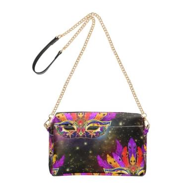 Imagem de Joitme Bolsa de ombro feminina transversal para celular bolsa de ombro de couro PU com alça de corrente máscara de carnaval penas vibrantes