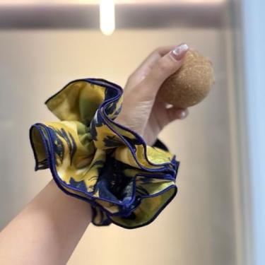 Imagem de Fita elástica de cabelo feita à mão Coreia Dongdaemun marrom-azul floral multicolorida grande versátil Scrunchie para viagem de coque de rabo de cavalo, amarelo