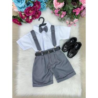 Imagem de Conjunto Shorts Social Infantil Cinza Claro com Camisa Branca e Acessó
