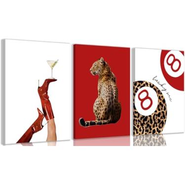 Imagem de Conjunto de 3 peças de arte de parede em tela leopardo moderna Martini com 8 bolas de decoração de parede para decoração de parede feminismo estética de guepardo para decoração de quarto feminino