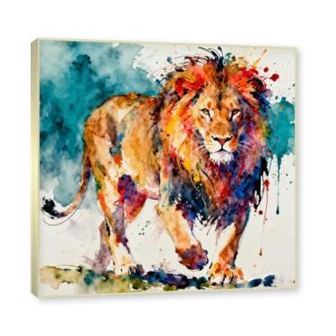 Imagem de Moldura dourada. Arte abstrata de respingos de leão, pintura colorida de animais em tela, decoração de parede expressiva moderna para sala de estar ou escritório. A01. 80x80cm-31,5x31,5 pol.