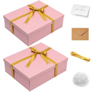 Imagem de Mefleet Pacote com 2 caixas de presente grandes com tampa para presentes de 43 x 33 x 12 cm. Caixas de presente rosa profundo para Natal, aniversário, dia dos namorados, presentes de dia das mães
