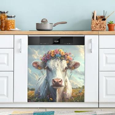 Imagem de xigua Capa magnética para lava-louças Flowers Highland Cow, adesivos magnéticos decorativos antiarranhões para painel de geladeira e lava-louças, decoração personalizada de cozinha doméstica 58 x 66