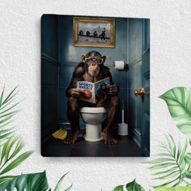 Imagem de Arte engraçada de parede de banheiro com macaco, leitura de jornal sobre vaso sanitário, decoração de parede, imagem de animal emoldurada, estampa de pôster, banheiro, banheiro, decoração de casa de