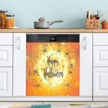 Imagem de xigua Capa magnética de teia de aranha de Halloween, adesivos magnéticos decorativos antiarranhões para painel de geladeira e lava-louças, decoração personalizada de cozinha doméstica 58 x 66 cm