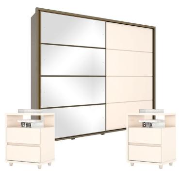 Imagem de Guarda Roupa Casal Cavic Com Kit Mesa De Cabeceira Duna Off White - Henn