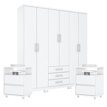 Imagem de Guarda Roupa Casal Caju 6 Portas Com Kit Mesa De Cabeceira Branco - Henn