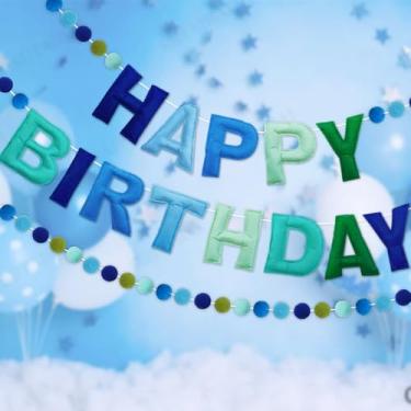 Imagem de Morofme 2 peças pré-amarradas 3D faixa de feliz aniversário bola de feltro azul pompom guirlanda azul feliz aniversário decorações sinal reutilizável faixa de festa para adereço de foto interior