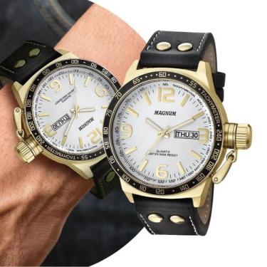 Imagem de Relógio Masculino Dourado e Branco Pulseira de Couro Magnum