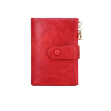 Imagem de Carteira feminina curta, três camadas, grande capacidade, zíper duplo, porta-cartões, bolsa simples, fivela, multifuncional, Vermelho, One Size