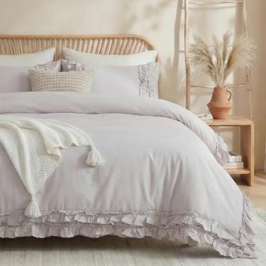 Imagem de Merryword Conjunto de edredom queen 100% algodão com babados, bege, chique, casa de fazenda, campo francês, fofo