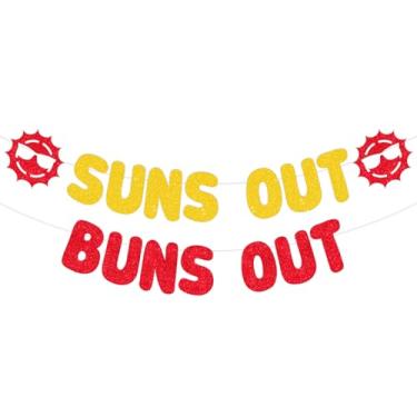 Imagem de Balterever Faixa Suns Out Buns Out – Guirlanda de letras vermelhas e amarelas com glitter para decorações de festa de verão | Acessório para foto de piquenique para churrasco adulto | Placa com tema
