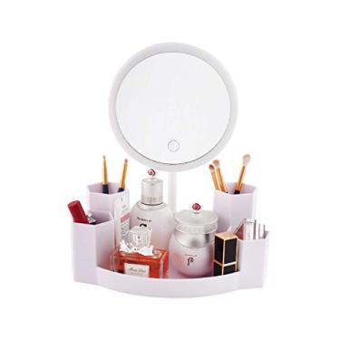 Imagem de U5GAAALPPQ9 Espelho de maquiagem LED retroiluminado com 3 modos de luz touch Dimme espelho de mesa com caixa de armazenamento espelhos de preenchimento de luz natural