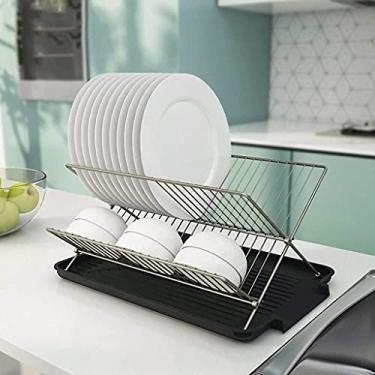 Imagem de Escorredor de pratos dobrável de aço carbono escorredor e bandeja em forma de X pratos de cozinha de 2 níveis, tigela de utensílios de mesa, prateleira de secagem