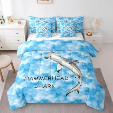 Imagem de Erosebridal Jogo de cama solteiro 3D, tubarão-martelo, 7 peças, cama de animal de peixe do oceano profundo em uma bolsa, natureza, vida marinha selvagem, conjunto de lençol com edredom de
