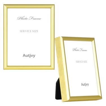 Imagem de Autjvy Conjunto de 2 porta-retratos para pôster, 10 x 12 cm, moldura dourada moderna de metal fino com vidro real HD, tela para mesa e parede, pacote com 2