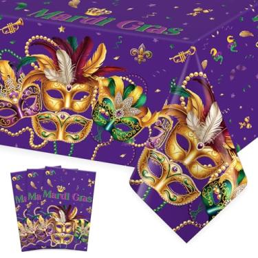 Imagem de Toalha de mesa de carnaval para decoração de festa – 3 peças descartáveis, toalha de mesa de baile de máscaras roxa de plástico para decoração de festa de carnaval, 137 x 272 cm