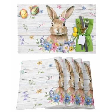 Imagem de Jogo americano de Páscoa, conjunto de 6 jogos americanos de coelho, flores de primavera, Páscoa, mesa de jantar, aquarela, grão de madeira, primavera, férias, casa, festa, cozinha, decoração de mesa,