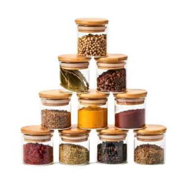 Imagem de Kit 10 Potes de Vidro Herméticos 200ml com Tampa de Bambu para Tempero