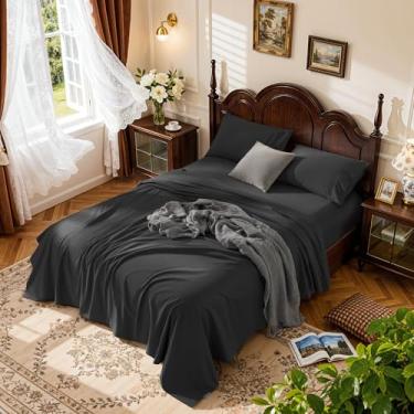 Imagem de LBRO2M Jogo de lençol 100% algodão com bolso profundo 48,3 cm, 1000 fios tamanho casal 4 peças, roupa de cama macia e confortável para todas as estações (casal, preto)