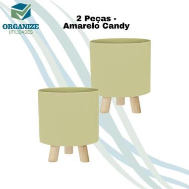 Imagem de Kit com 2 Cachepot Retro pé Madeira Decoração - PRODUFEST, Amarelo Can