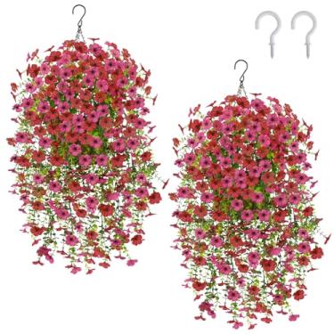 Imagem de Zythrem 2 peças de flores falsas para pendurar com cesta de pendurar, flores artificiais para uso ao ar livre, plantas de primavera, artificiais, para varanda, pátio, decoração de porta da frente
