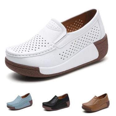 Imagem de Mocassim feminino plataforma sem cadarço moderno, leve, confortável, respirável, bico redondo, plataforma baixa, Branco vazado, 33