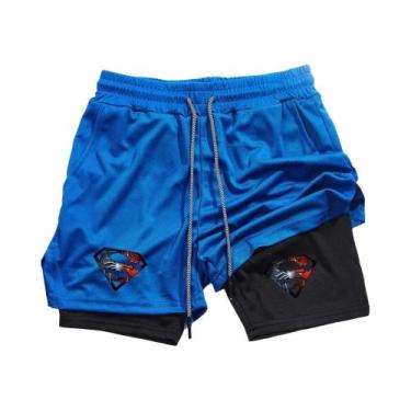 Imagem de Shorts De Treino Masculinos 2 Em 1 Com Estampa De Super-Herói, Bolso P
