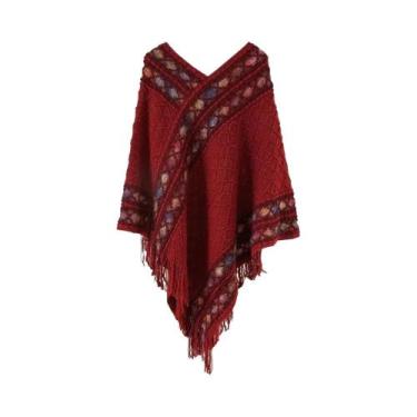 Imagem de Poncho Feminino Listrado Com Franjas, Xale De Algodão Tricotado, Lenço