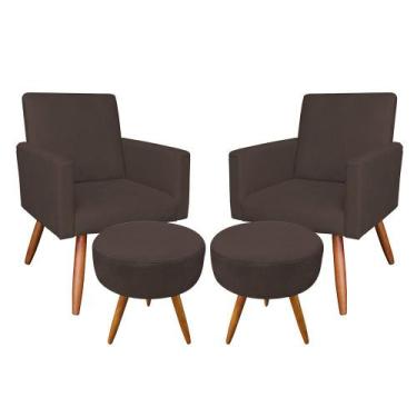 Imagem de Kit 02 Poltronas com 02 Puffs Larissa Suede Pés Palito Castanho D'Ross