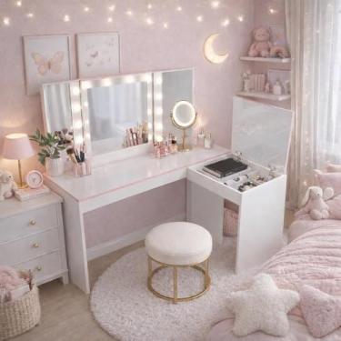 Imagem de Penteadeira Escrivaninha Maquiagem em L Mesa Escrivaninha com Bau Joias Make Belgica (BELGICA BRANCO ROSA)