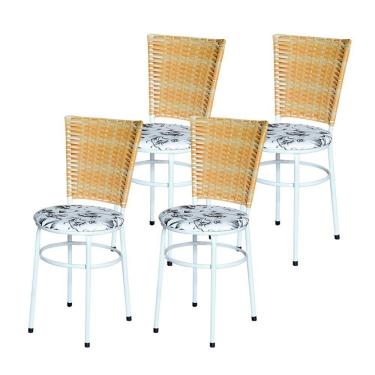 Imagem de 4 Cadeiras Para Mesa Branca Hawai Palha Com Assento Floral Cor:floral Branco
