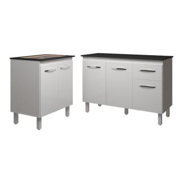 Imagem de Balcão Para Cooktop 4 Bocas Fran Branco E Armário Aline 118 Cm Cozinha Gabinete Branco Com Tampo Tampão Preto