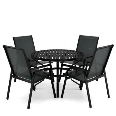 Imagem de Mesa 4 Cadeiras Ripado Piscina Alumínio Preto E Tela Preto